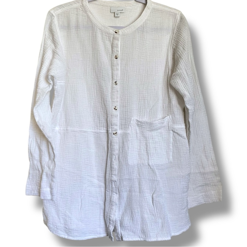 J.Jill Pure Textured 100 Cotton Crew Neck Button Down Long Sleeve Guazy Shacket